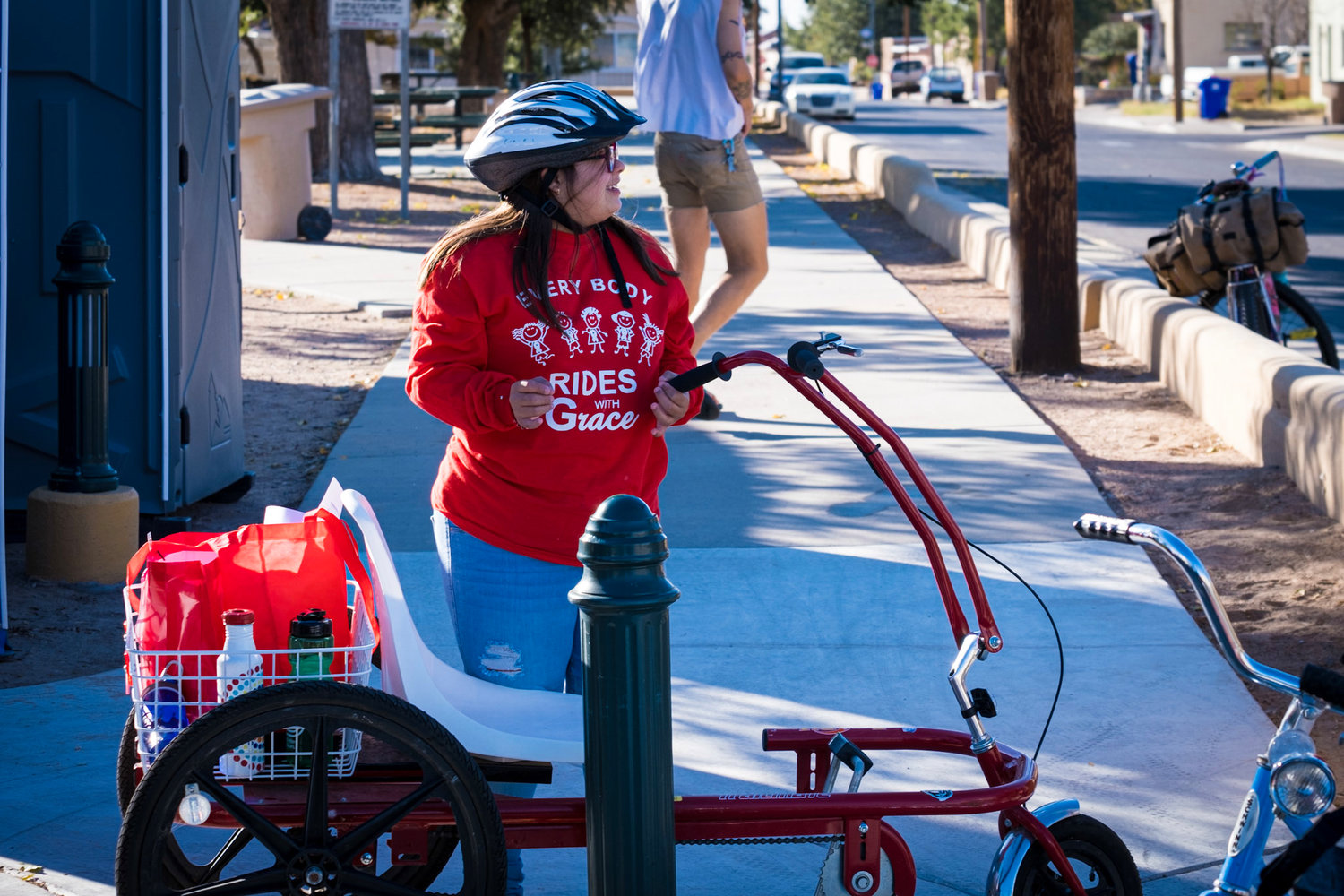 Grace Holguin and her adaptive cycle at the October 2021 New Mexico Bikepacking Summit, where she led the Dangerbird Grand Depart.