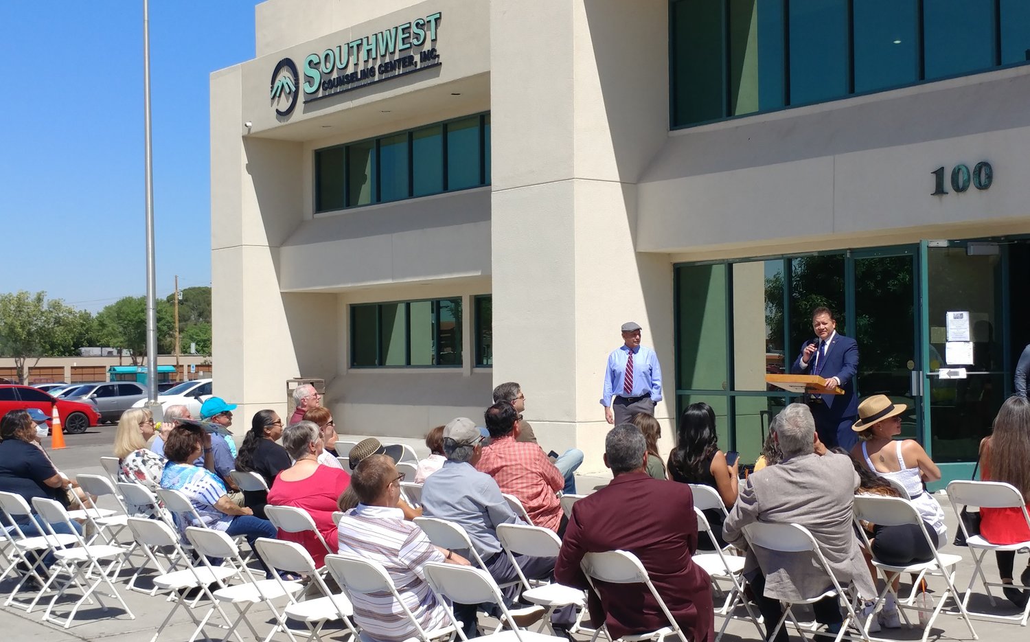 Mayor Ken Miyagishima speaking at the ribbon cutting as Genoa Healthcare opened a pharmacy inside Southwest Counseling Center at 100 W. Griggs Ave. in Downtown Las Cruces. Standing at the mayor’s right is Southwest Counseling Center CEO Roque Garcia.