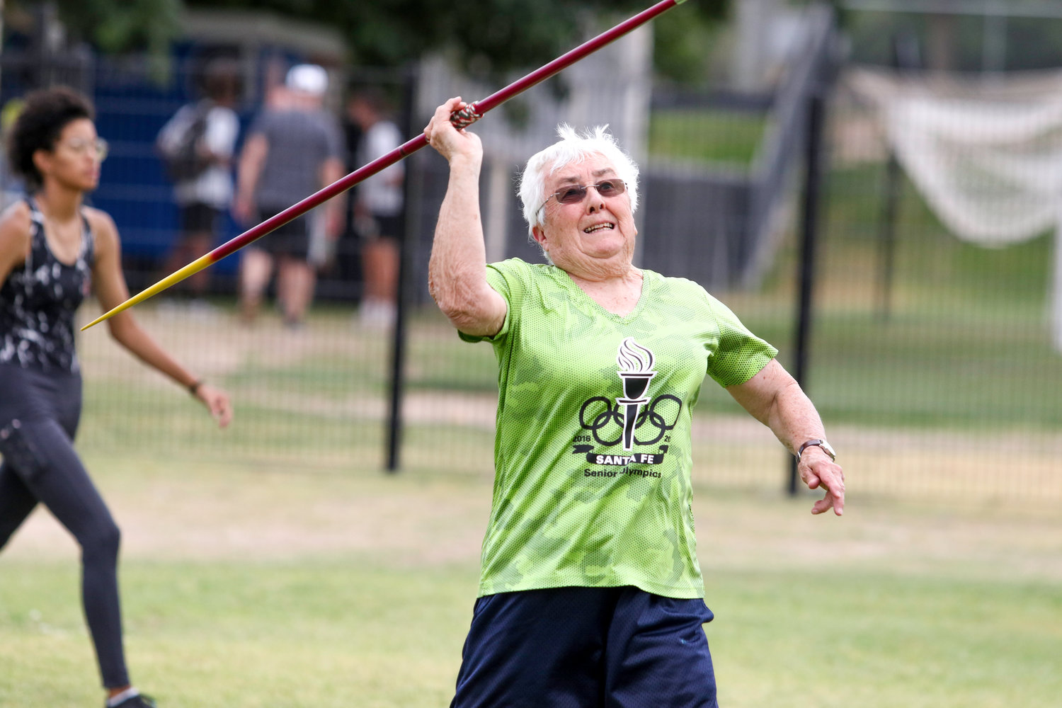 Barbara Hutchison throws the javelin as she earns first place in the 85-89 age group.