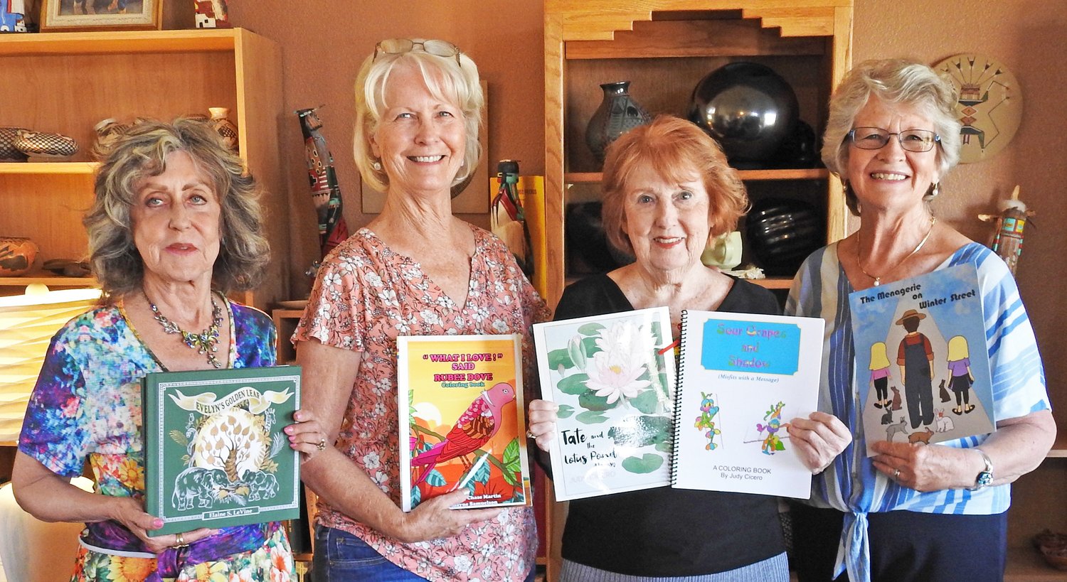 Las Cruces authors with their books are, left to right, Elaine S. LeVine, Charmayne Samuelson, Judy Cicero and Rosemary Matos.