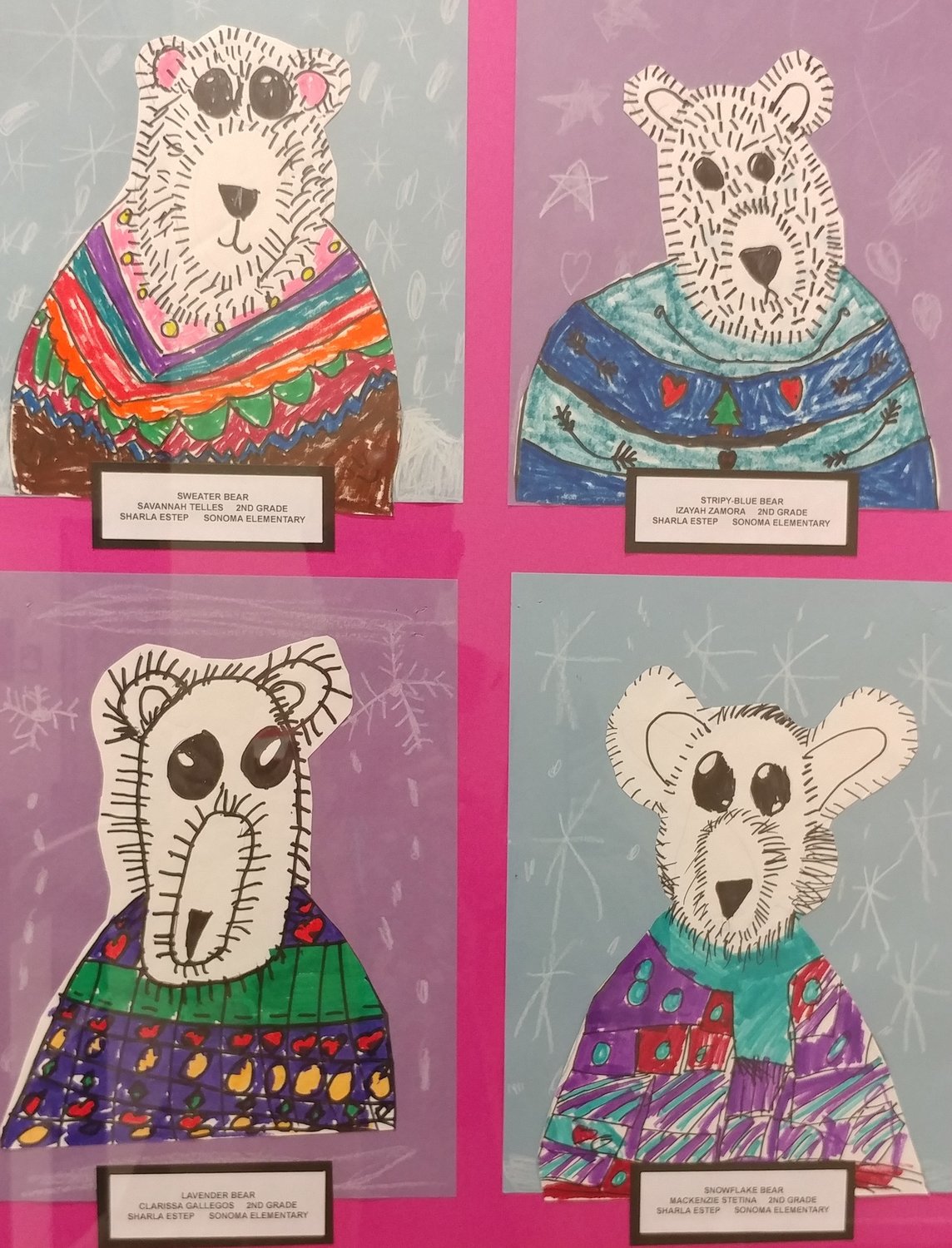 Artwork by Sonoma Elementary (Las Cruces Public Schools) second-graders; top left: “Sweater Bear,” by Savannah Telles; top right: “Stripy-Blue Bear,” by Izayah Zamora; bottom right: “Lavender Bear,” by Clarissa Gallegos; and bottom right: “Snowflake Bear,” by MacKenzie Stetina. Their art teacher is Sharla Estep.
