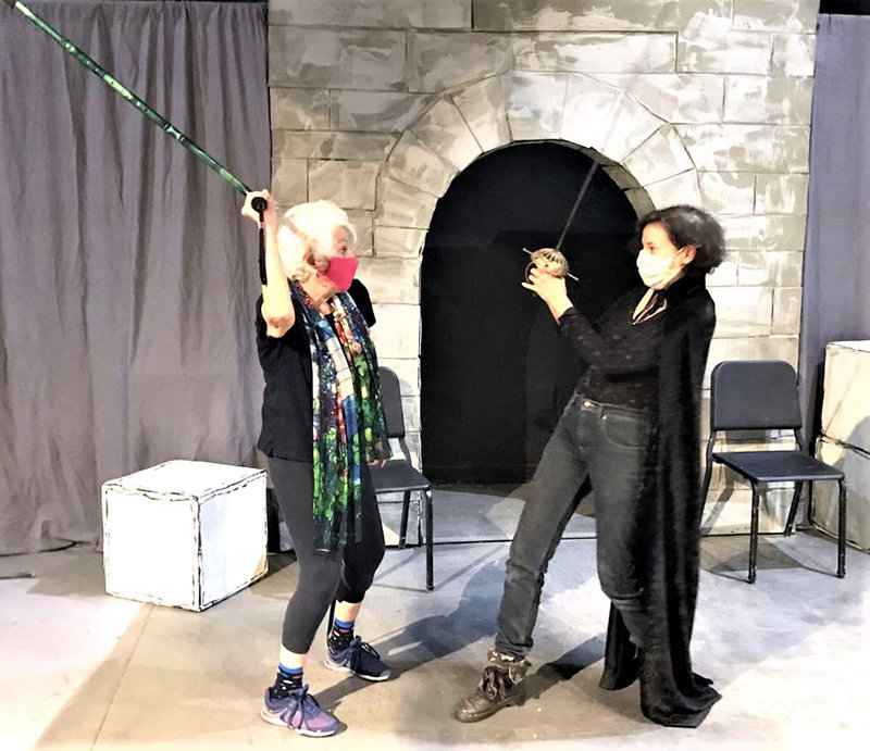 In a rehearsal of Black Box Theatre’s upcoming production of “Women Playing Hamlet,” are, left to right, Robin Day Glenn and Casi Galban.