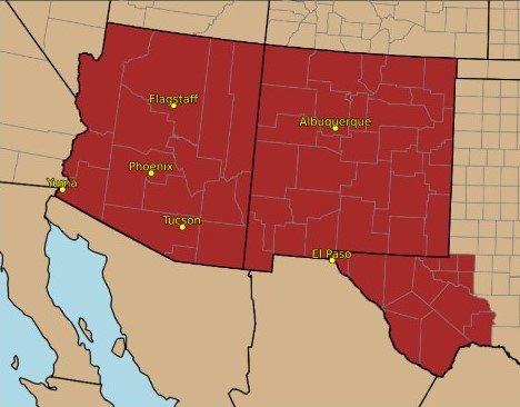 The National Weather Service generally defines the Southwest United States as Arizona, New Mexico and far west Texas.