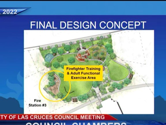 This artist’s rendering of Branigan Park shows a proposed firefighter training and adult exercise area.