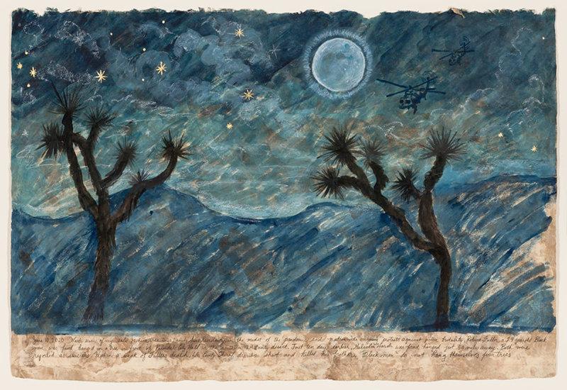 “Nocturne for Robert Fuller and Malcolm Harsch,” hand-processed watercolor on amate paper by Sandy Rodriguez