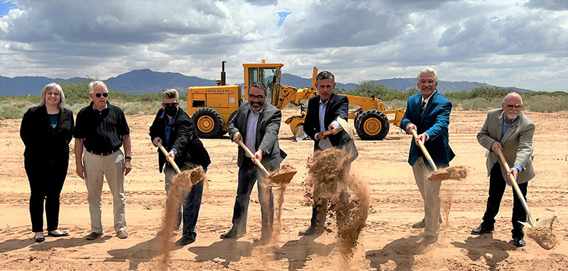 Left to right at the Aug. 16 Doña Ana County International Jetport groundbreaking are, left to right, project engineer Elaine Pickering of Bohannan Huston, Inc. of Las Cruces; Jetport Manager William Provance; State Sen. Carrie Hamblen, D-Doña Ana, of Las Cruces; state Rep. Ray Lara, D-Doña Ana, of Chamberino; U.S. Sen. Martin Heinrich, D-N.M.; Doña Ana County Manager Fernando Macias; and County Commissioner Shannon Reynolds.