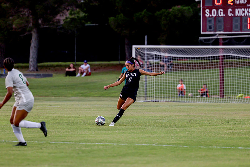 NMSU’s soccer team hosts Nevada at 7 p.m. Friday, Sept. 9, at the NM State Soccer Athletic Complex on campus. Above, Thalia Chaverria makes a play in a recent Aggie game.