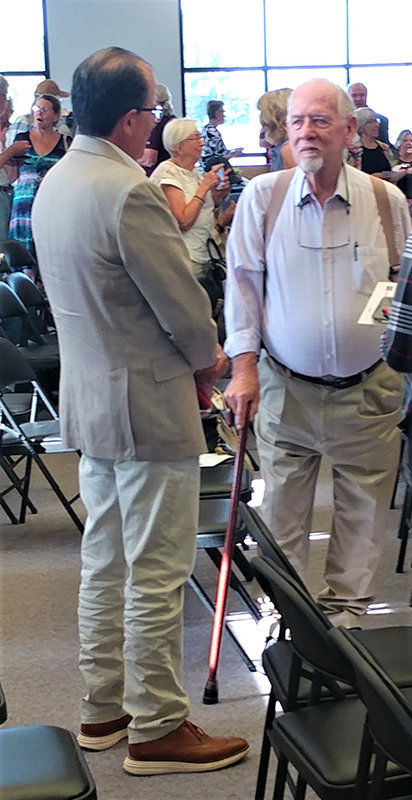 Martin Amador Campbell, right, great-grandson of Martín Amador, speaking with Luis Cifuentes, Ph.D., NMSU vice president for research, creativity and strategic initiatives, at the Sept. 9 event.