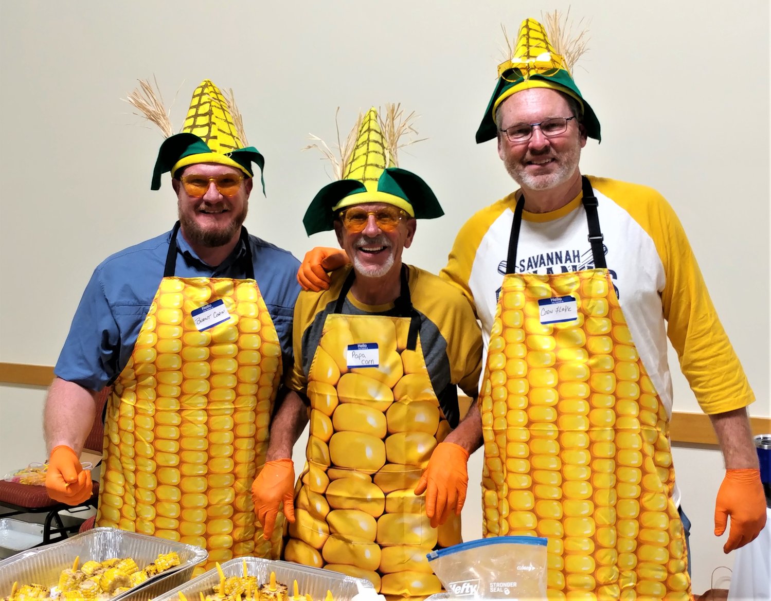 Dressed as corn on the cob, Chad Getz, Rick Jackson, Mike Tourtillott and Tony Lujan (not pictured) won the Presentation award at Men Who Cook.