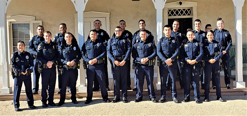 The newest members of the Las Cruces Police Department, with LCPD Deputy Chief Kiri Daines at far left and Lt. Joy Wiitala at far right.