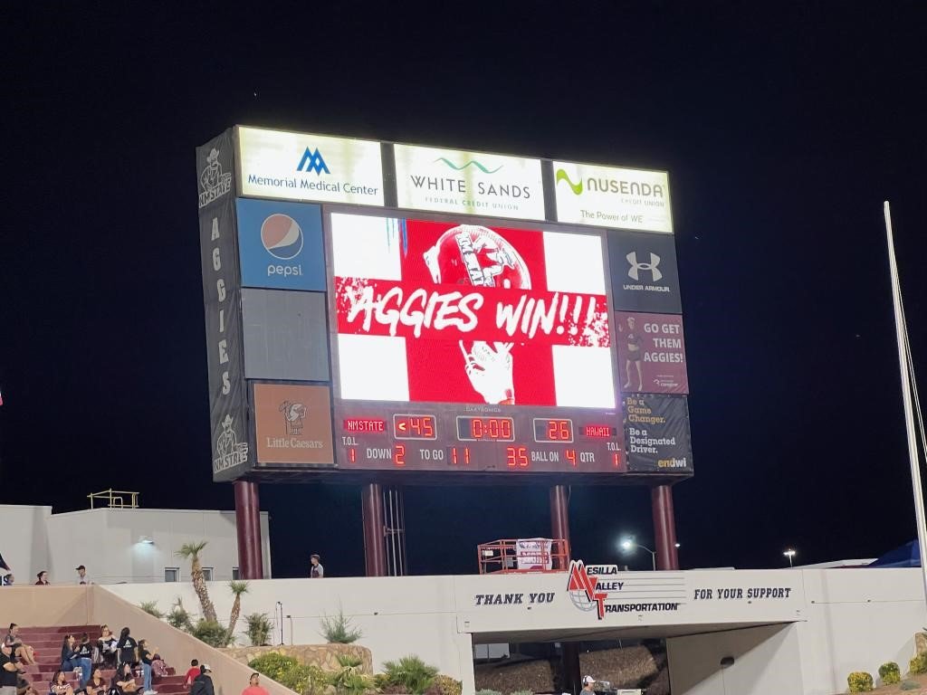 NMSU head football coach Jerry Kill and the team hopes to post this message again on the scoreboard following Saturday’s game against Florida International.