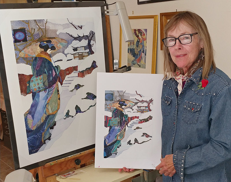 Las Cruces artist Nancy Frost Begin is holding the collage she made before painting “Winter 2” in her “Seasonal Poem” series. The photo is from a Bulletin story from 2018.