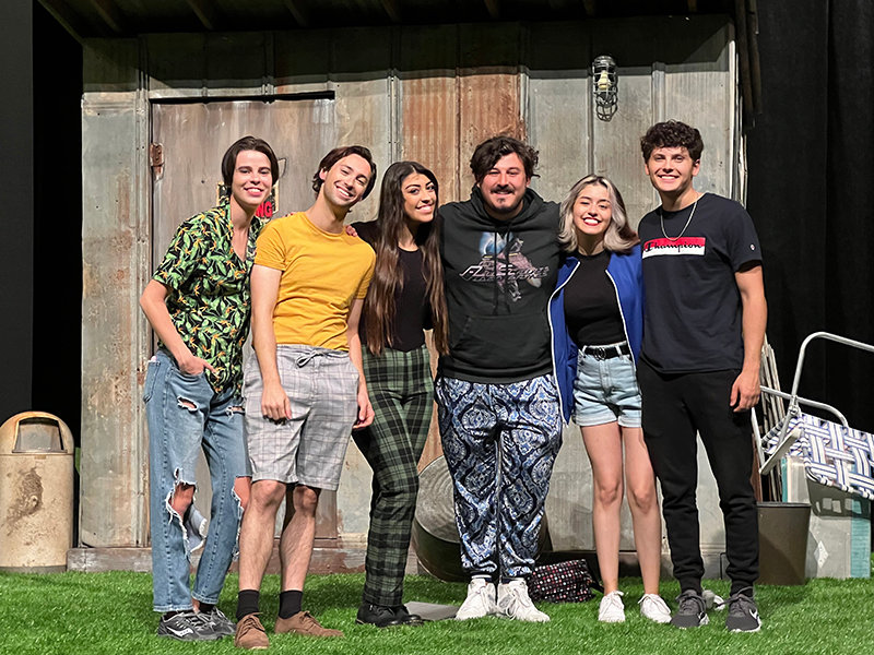 “Big Frog” playwright Dylan Guerra, center, joined the cast of the New Mexico State University Theatre Department’s production of his play for a rehearsal in late September. He is shown with cast members Elia Vasquez, Isaac Goldstein, Alycia Herrera, Yocelin Torres and Jonathan Cordova.