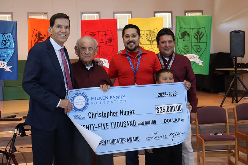 Christopher Nuñez, in red, a teacher at Sonoma Elementary
School, won a $25,000 award from the Milken Foundation.