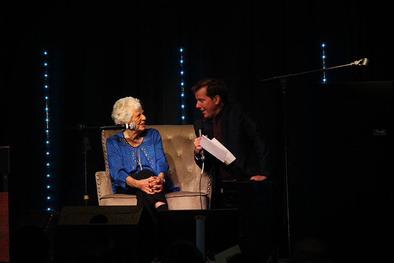 Barbara Hubbard visits with comedian Jeff Dunham at a celebration of her 95th birthday Oct. 19 at the Pan American Center.