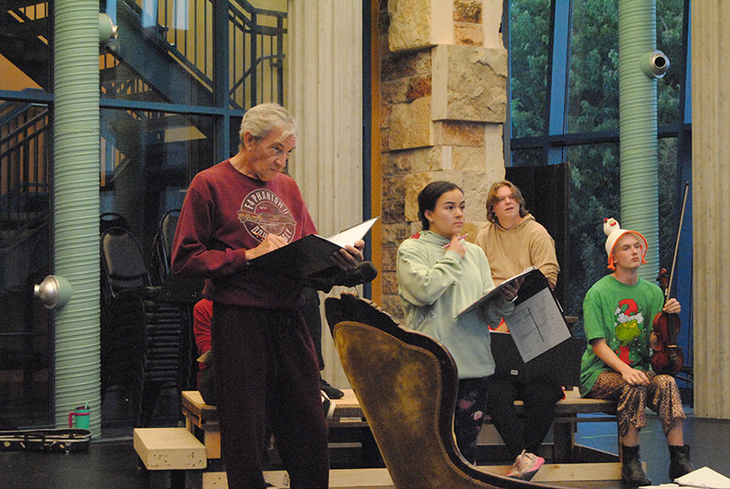 “A Christmas Carol,” featuring a cast that includes more than a dozen New Mexico State University Theatre Department students and community members, is now in rehearsal. Randy Koonse, in the red sweatshirt, is Scrooge!