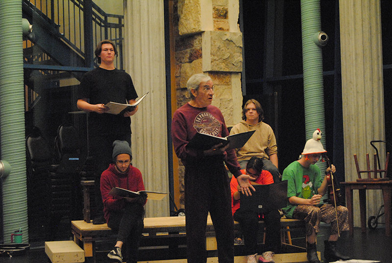 “A Christmas Carol,” featuring a cast that includes more than a dozen New Mexico State University Theatre Department students and community members, is now in rehearsal. Randy Koonse, in the red sweatshirt, is Scrooge!