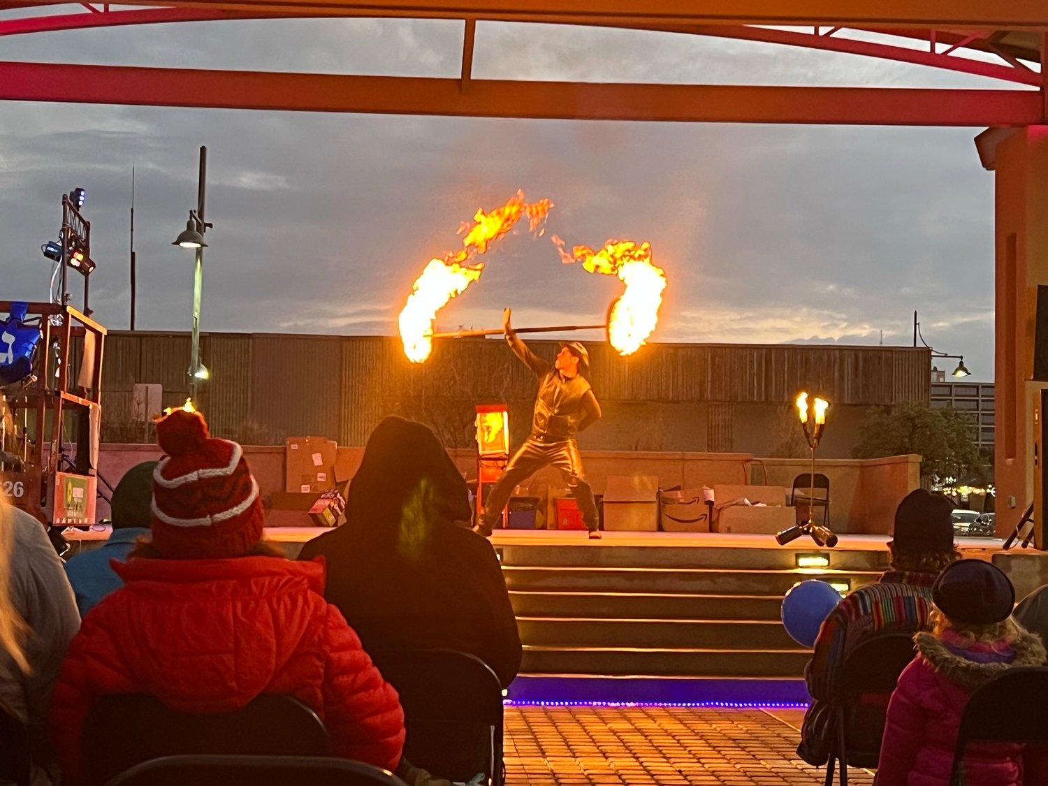 Fire dancers with ODD LAB provided a finalé highlight (literaly) with performances of flaming batons, swords and whips during MEGA Chanukah at Downtown Plaza de Las Cruces events Sunday, Dec. 19. Jesse James takes on some big fire as he demonstrates his skills.