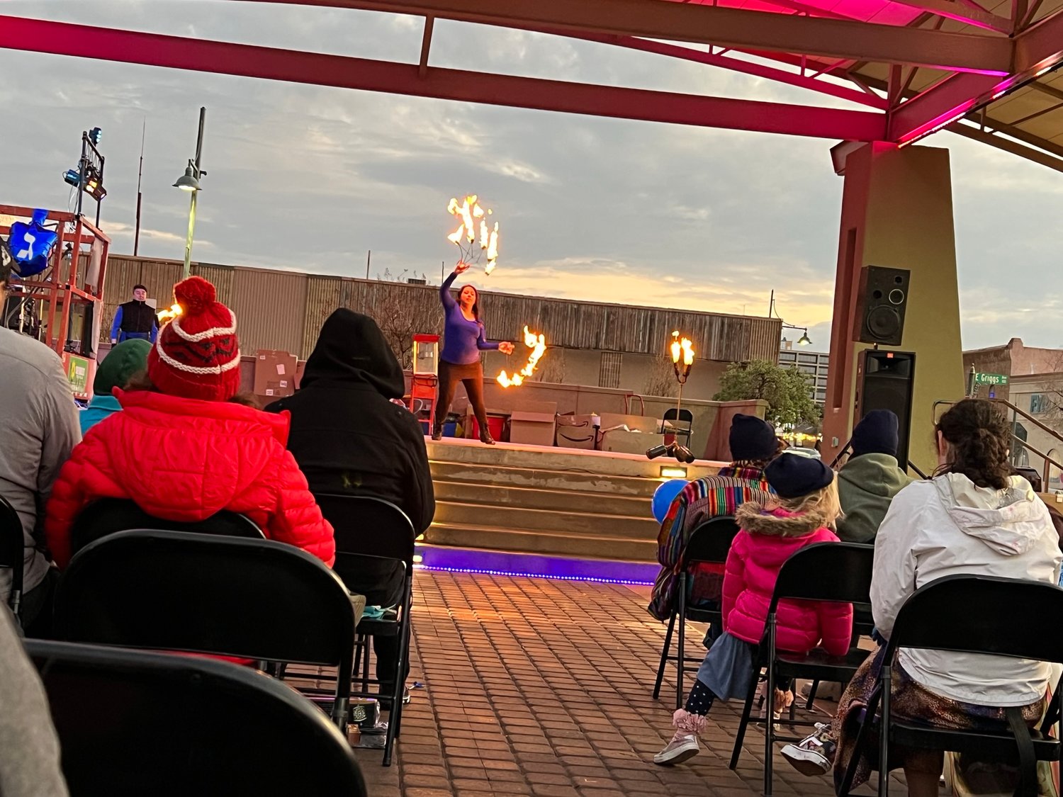 Fire dancers with ODD LAB provided a finalé highlight (literaly) with performances of flaming batons, swords and whips during MEGA Chanukah at Downtown Plaza de Las Cruces events Sunday, Dec. 19. Dragoncharmer weaves some cleaver dancing flames for the audience.
