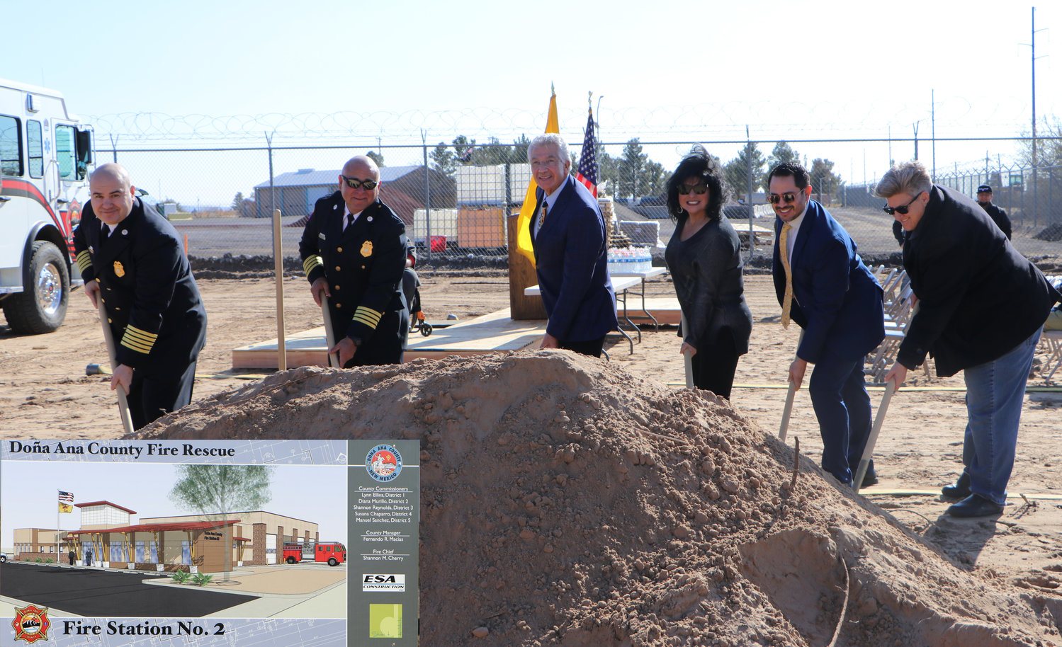 Left to right are Doña Ana County Fire Chief Shannon Cherry, county Deputy Fire Chief Eric Crespin, County Manager Fernando Macias, state Rep. Doreen Gallegos, Asst. County Manager Jonathan Macias and state Sen. Carrie Hamblen.