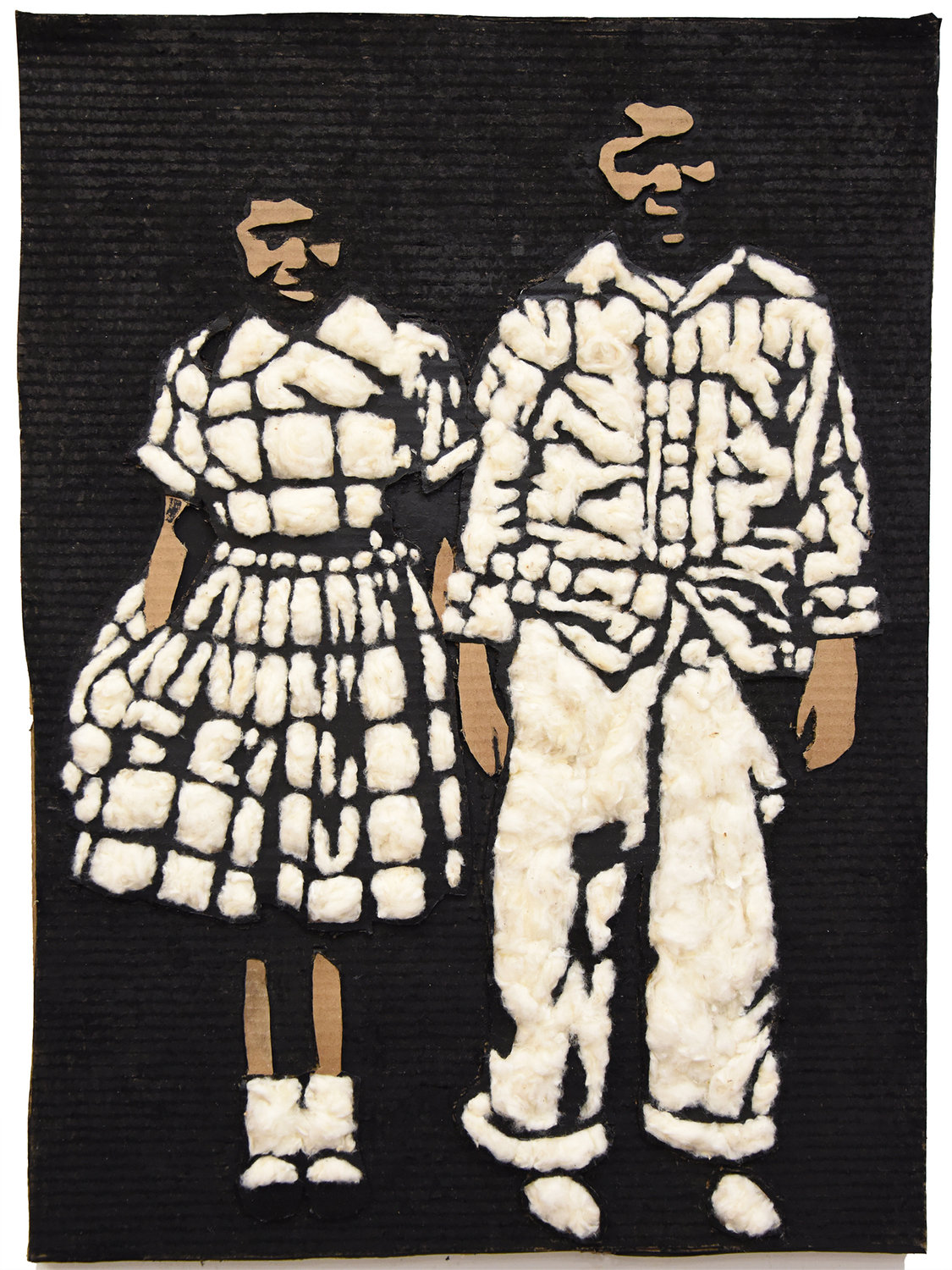 “Hermana/Hermano” by Gina Gwen Palacios, flashe paint on carved cardboard, 10 x 11.5 inches, 2018.