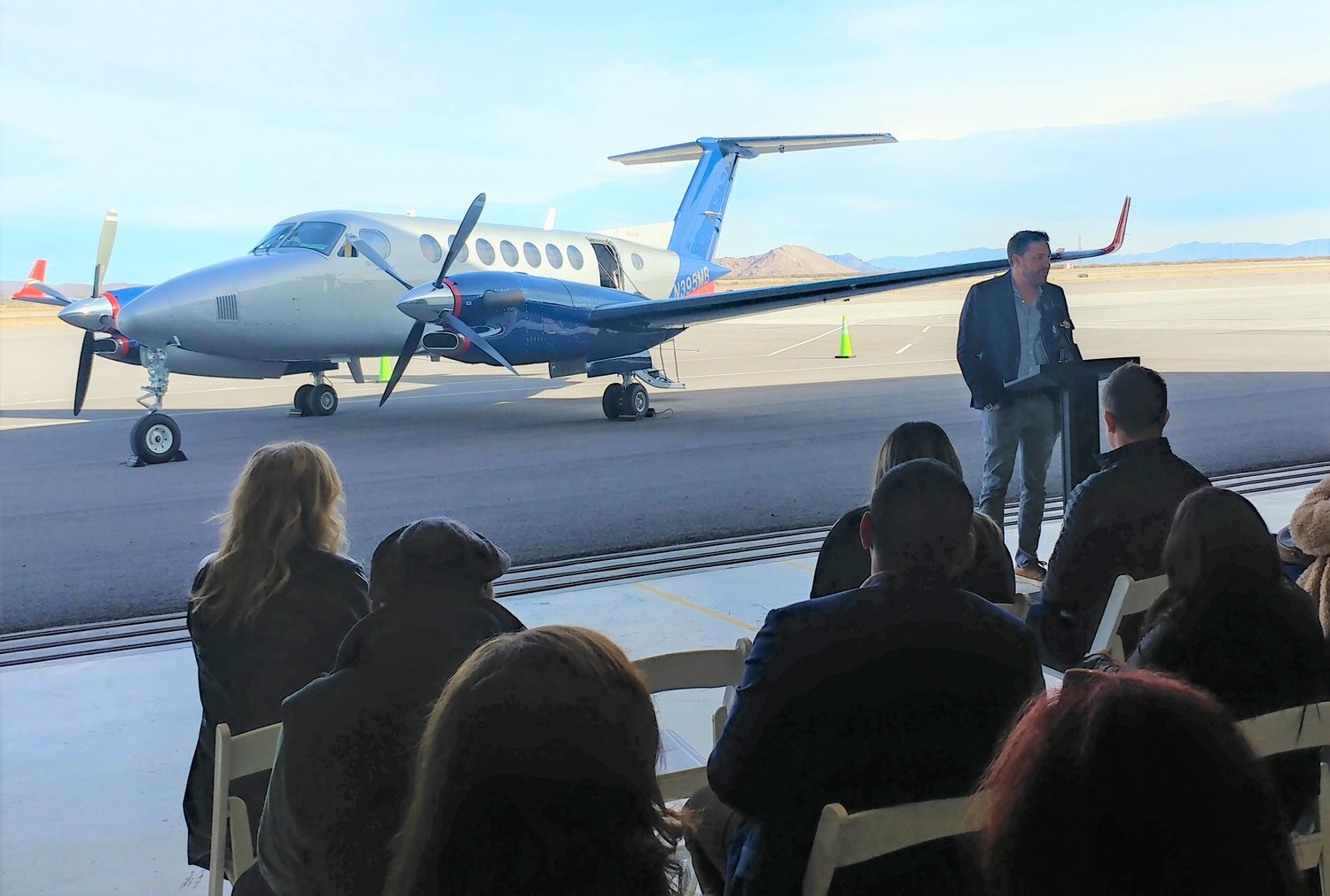 Advanced Airlines President Levi Stockton speaking at the Jan. 10 ribbon cutting at Las Cruces International Airport.