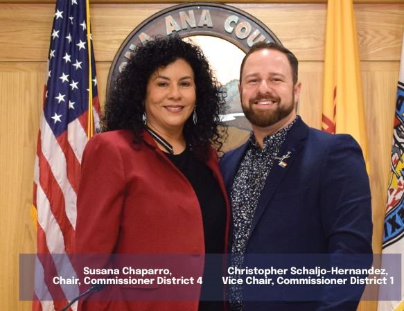 Doña Ana County Commission Chair Susana Chaparro and Vice Chair Christopher Schaljo-Hernandez.