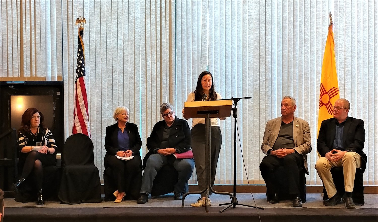 State Rep. Micaela Lara Cadena speaks at the Greater Las Cruces Chamber of Commerce’s legislative sendoff luncheon Jan. 11. Also on the state are GLCCC President & CEO Debbi Moore, State Rep. Joanne Ferrary, State Sen. Bill Soules and State Sen. Jeff Steinborn.