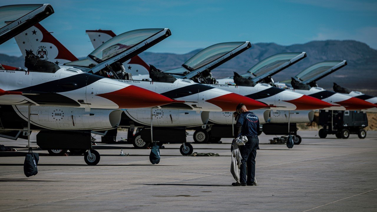 USAF Thunderbird F-16 Fighter Falcons on the apron at Spaceport America.