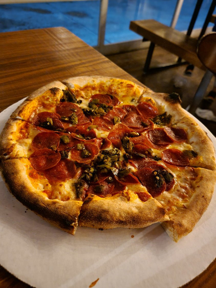 Pepperoni and green chile pizza at Cloudcroft Brewing Co.