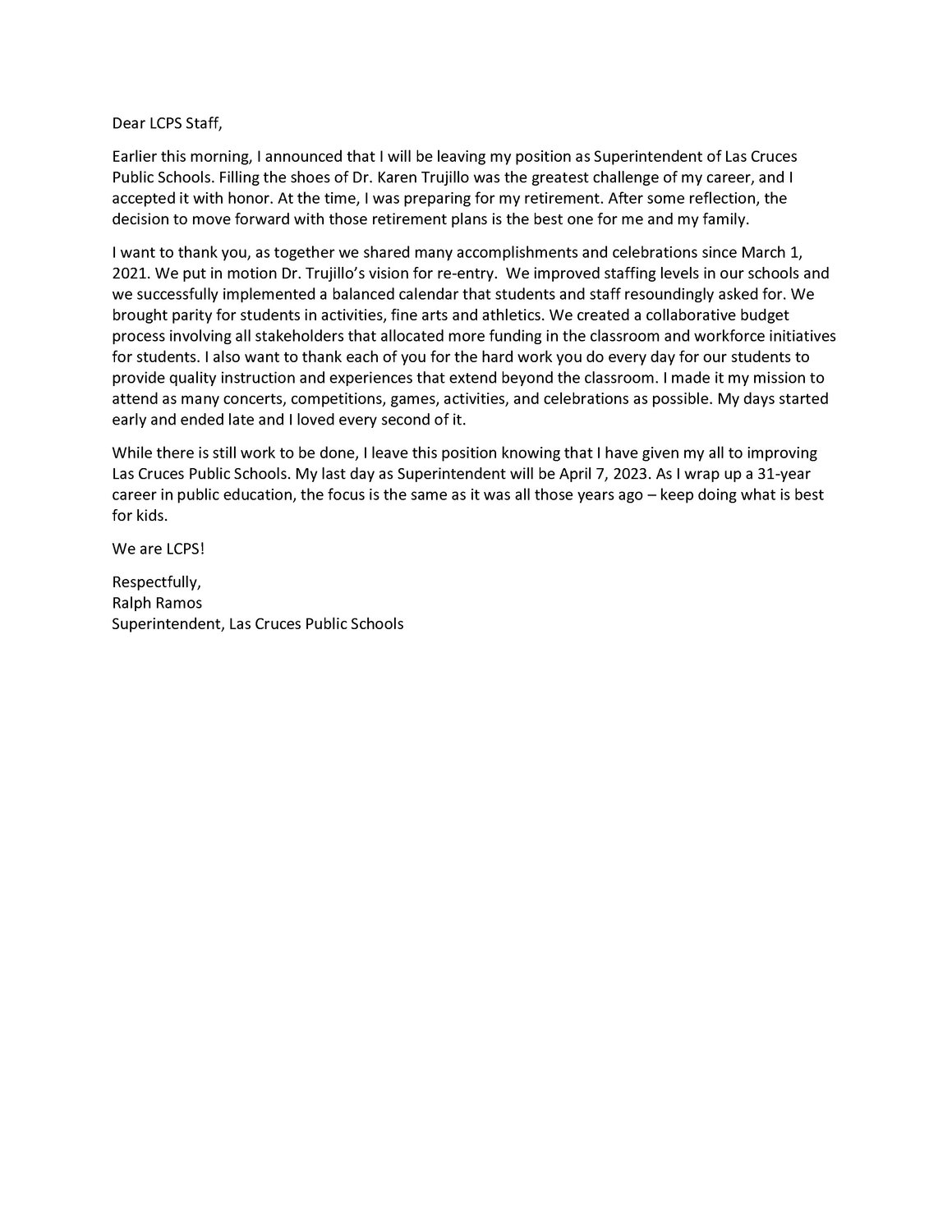 Ralph Ramos letter of resignation to his staff