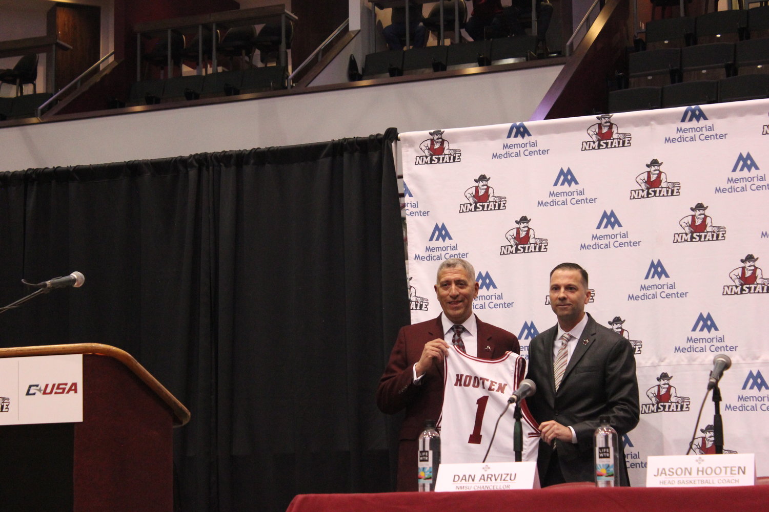 NM State Athletic Director Mario Moccia introduces the Aggies’ 28th head coach, Jason Hooten.