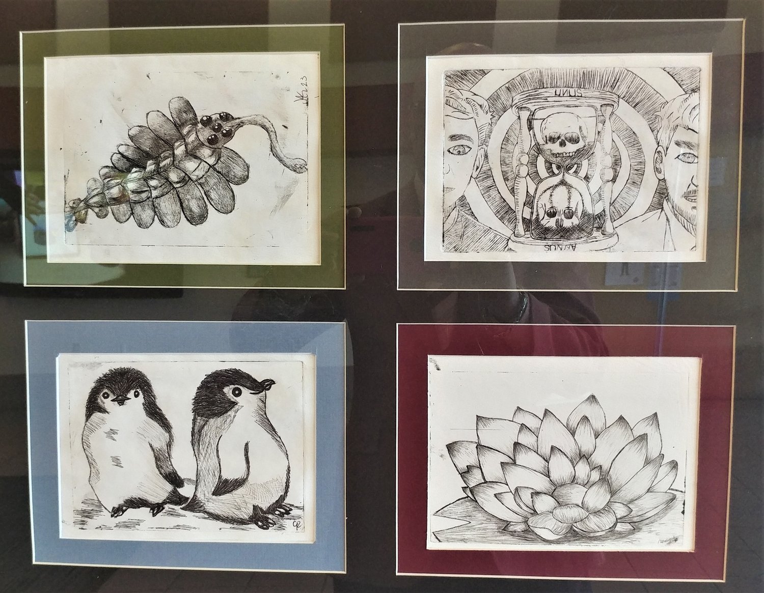 “The Magnificent Ophabinia,” by Joanie Keenes, 12th grade; “Mark and Ethan,” by Ariana Sanchez, 12th grade; “Baby Penguins,” by Ayiana Provencio, 11th grade; “Lotus Flower,” by Magdalena Saenz, 11th grade. All are students at Mayfield High School