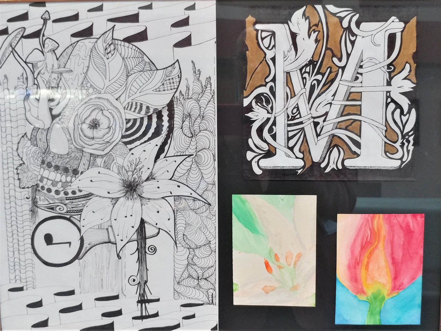 “Music,” by Mina Duran, ninth grade, pen; “M,” by Reyes Perez, 11th grade, mixed media; “Lily,” by McKenna Selberg, 11th grade, watercolor; “I Wish You Tulips,” by Axsael Miramontes, 1oth grade, watercolor. All are students at Organ Mountain High School