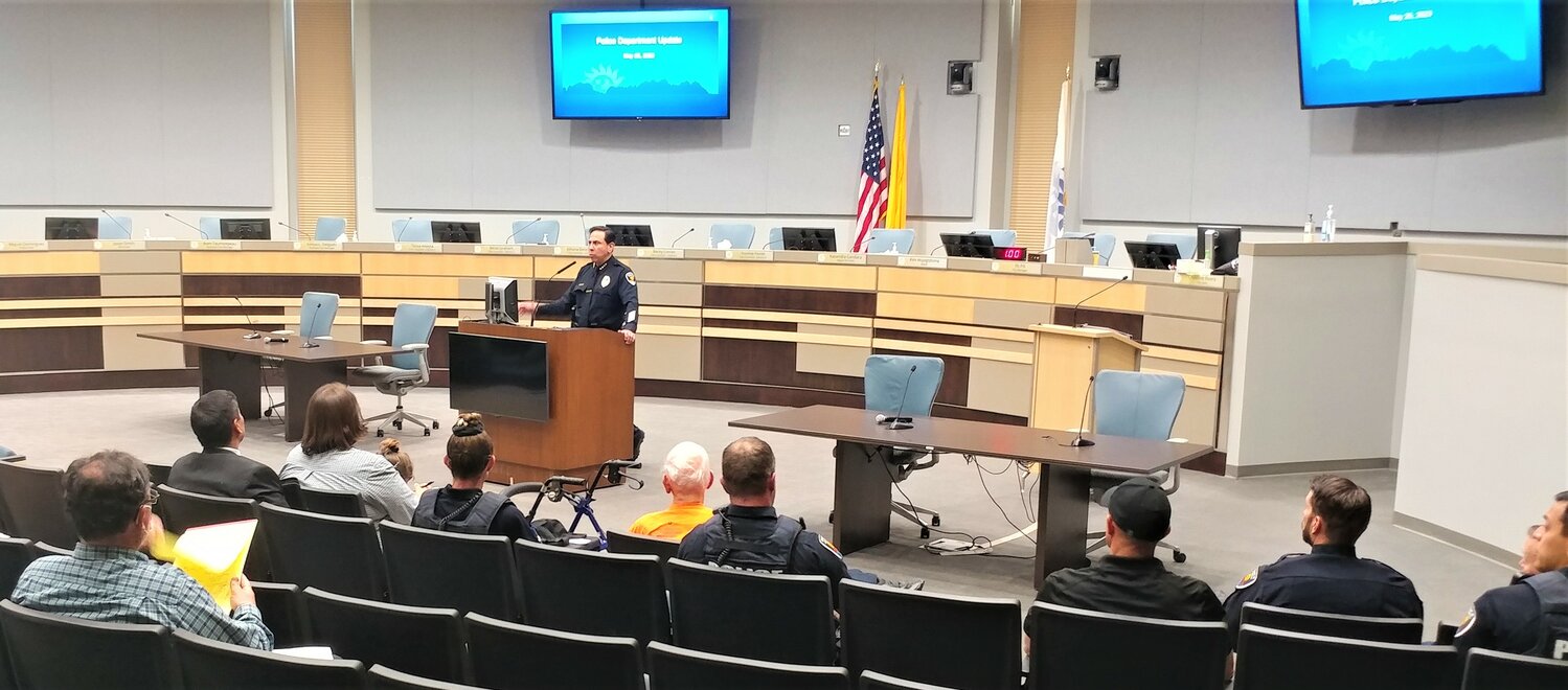 Las Cruces Police Chief Miguel Dominguez speaks at the police department’s May 25 town hall meeting at City Hall. At right are Las Cruces Police Department deputy chiefs and other department leadership.