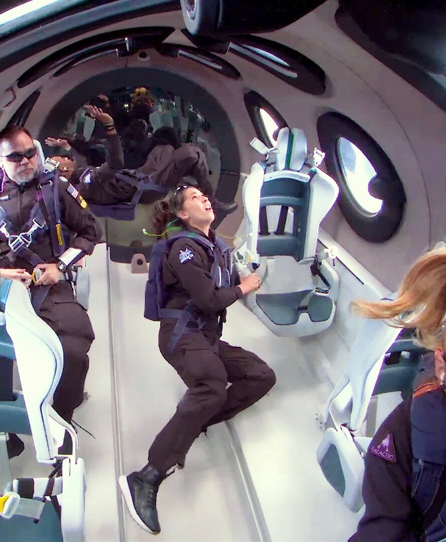 Jamila Gilbert during her moments of zero gravity aboard Virgin Galactic’s Unity 25.
