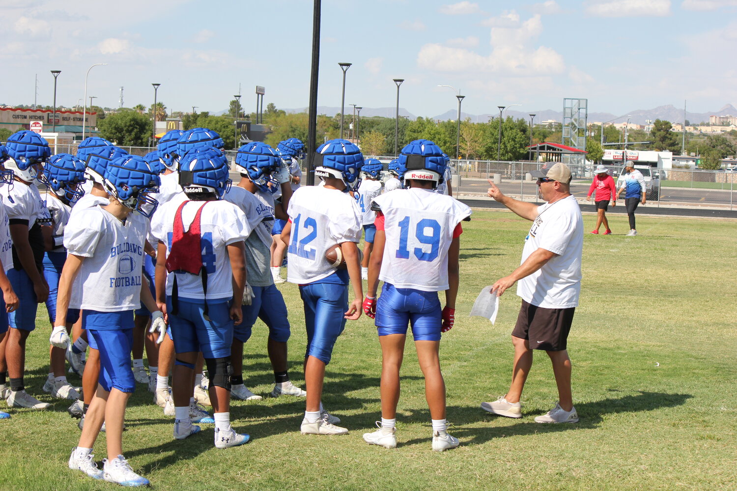 Organ Mountain High School practiced Monday, Aug. 14, under the shadows of the Organ Mountains. The Knights’ new coach, Kenny Sanchez came in from Las Vegas, Nevada, where he coached Bishop Gorman High School for 11 years, including 2016, when he was named National Coach of the Year by MaxPreps. The Knights were 3-7 last season.