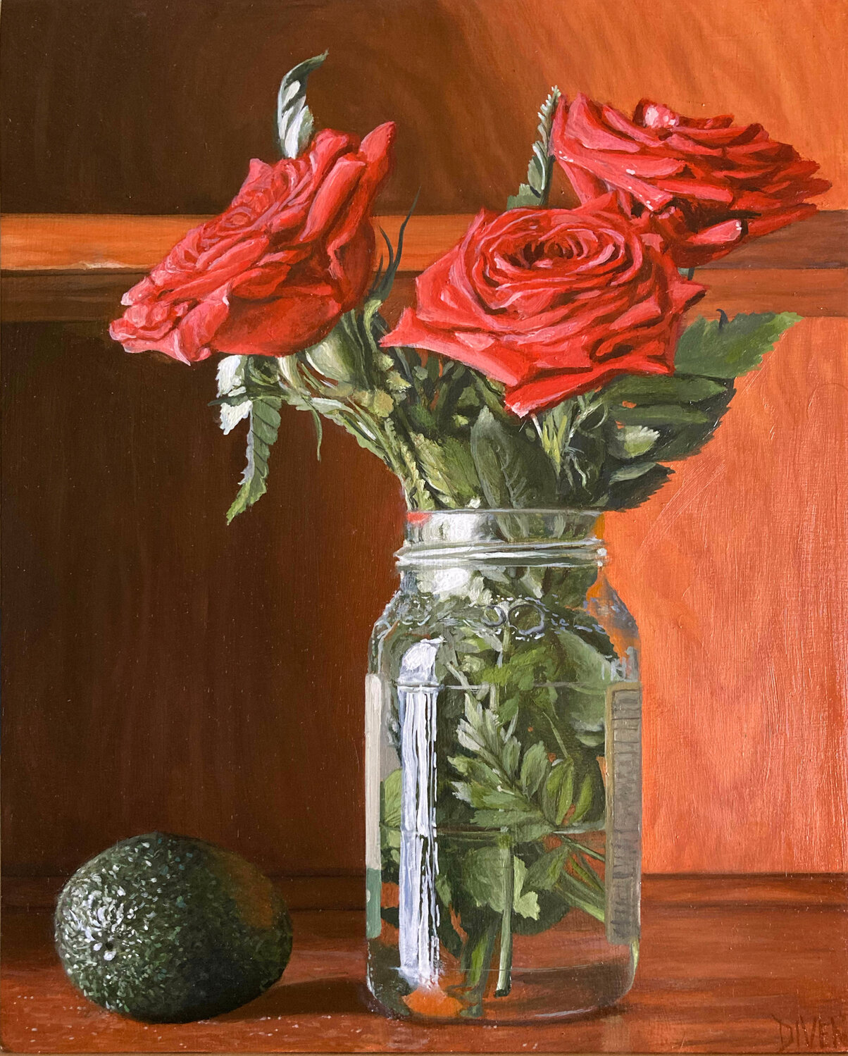 Roses and Avocado, a still life in oil on panel.  2019.  8 x 10 inches.