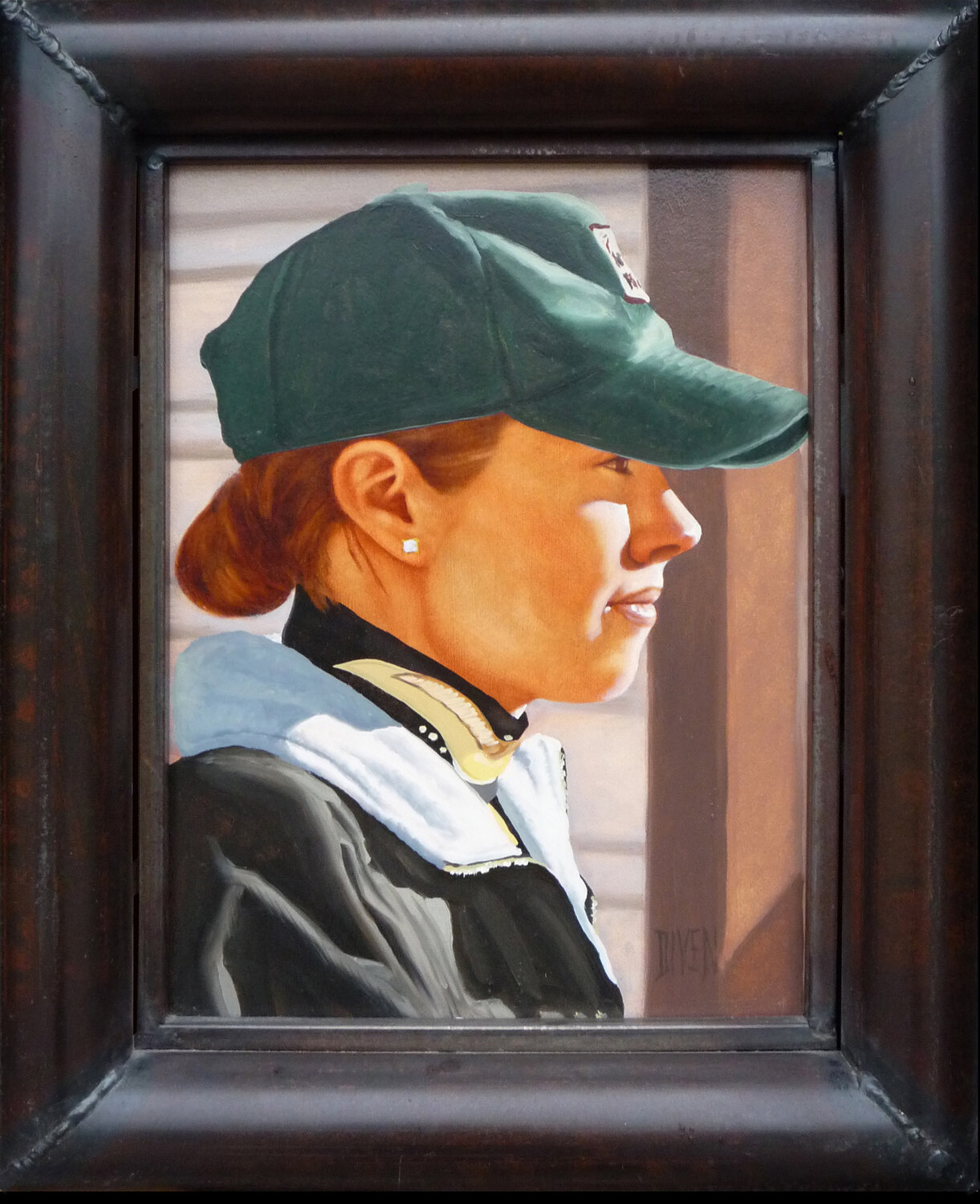 "Mo" oil on panel portrait of a member of the NMSU Equestrian Team in the early 2000's, framed in steel fence pipe.  17 x 21 inches, 12 x 18 image area.