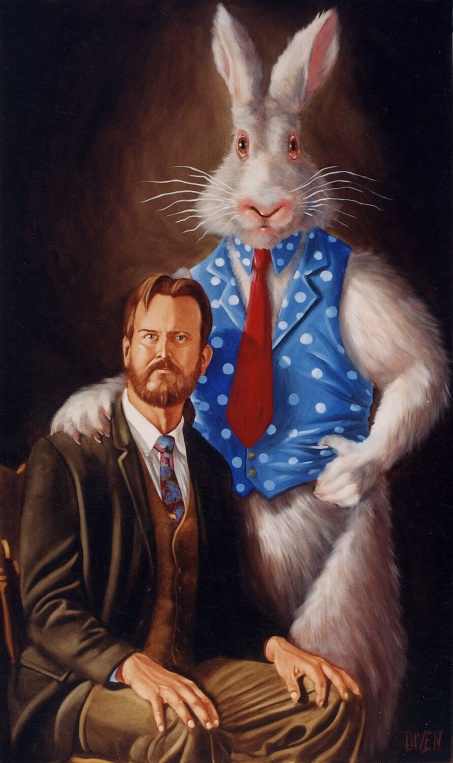 Portrait of Elwood P. Dowd and Harvey.  An oil on canvas painting I created for the 2000 LCCT production of Harvey.  36 x 60 inches.