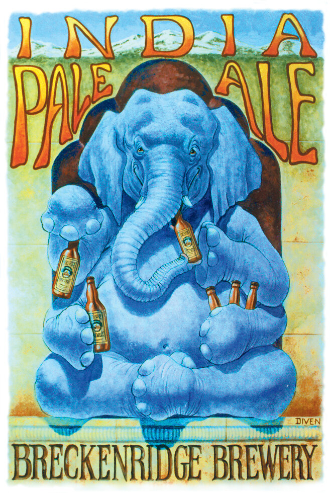 "Happy Elephant" an original acrylic and colored pencil illustration for Breckenridge Brewery in Colorado, from a series of t-shirt designs I created for them in the 1990's.  14 x 19 inches.