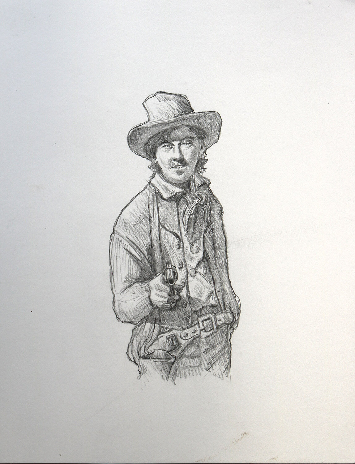 An original pencil illustration for an article on Billy the Kid.  2019.  Pencil on Bristol paper.  9 x 12 inches, 3.25 x 7.5 inches image size.