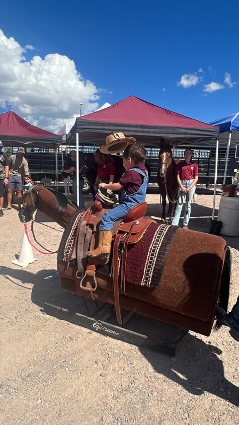 A young cowboy enjoys the fun at AG Day by riding a rocking horse.