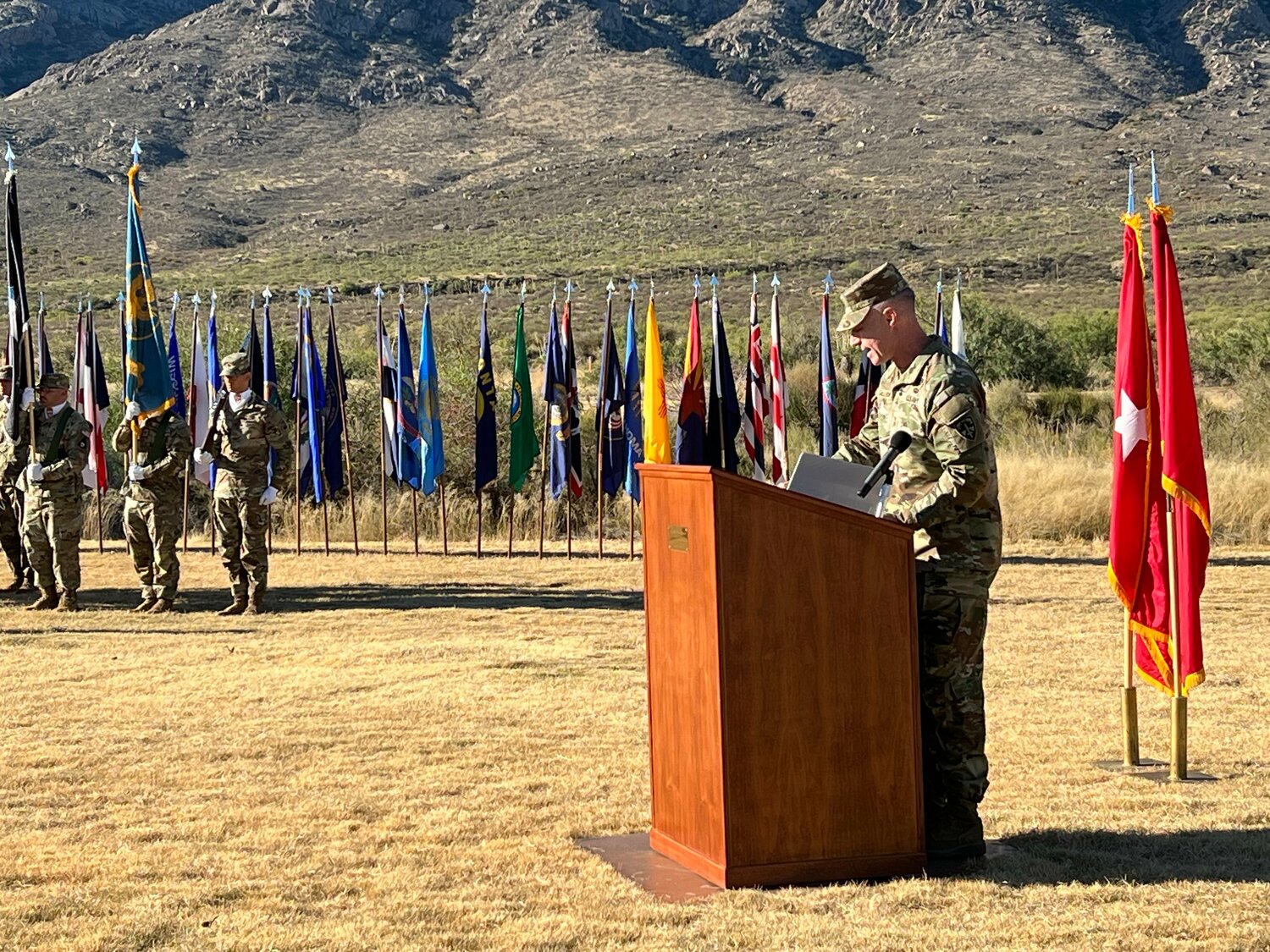 Major Gen. James J. Gallivan, commanding general for the Army Test & Evaluation Command, speaks during the Change of Command Ceremony welcoming the new commander.
