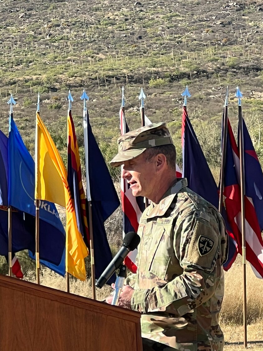 Brig. Gen. Eric Little thanks the people and communities who supported him in his command during his 2 ½ years as leader of White Sands Missile Range.