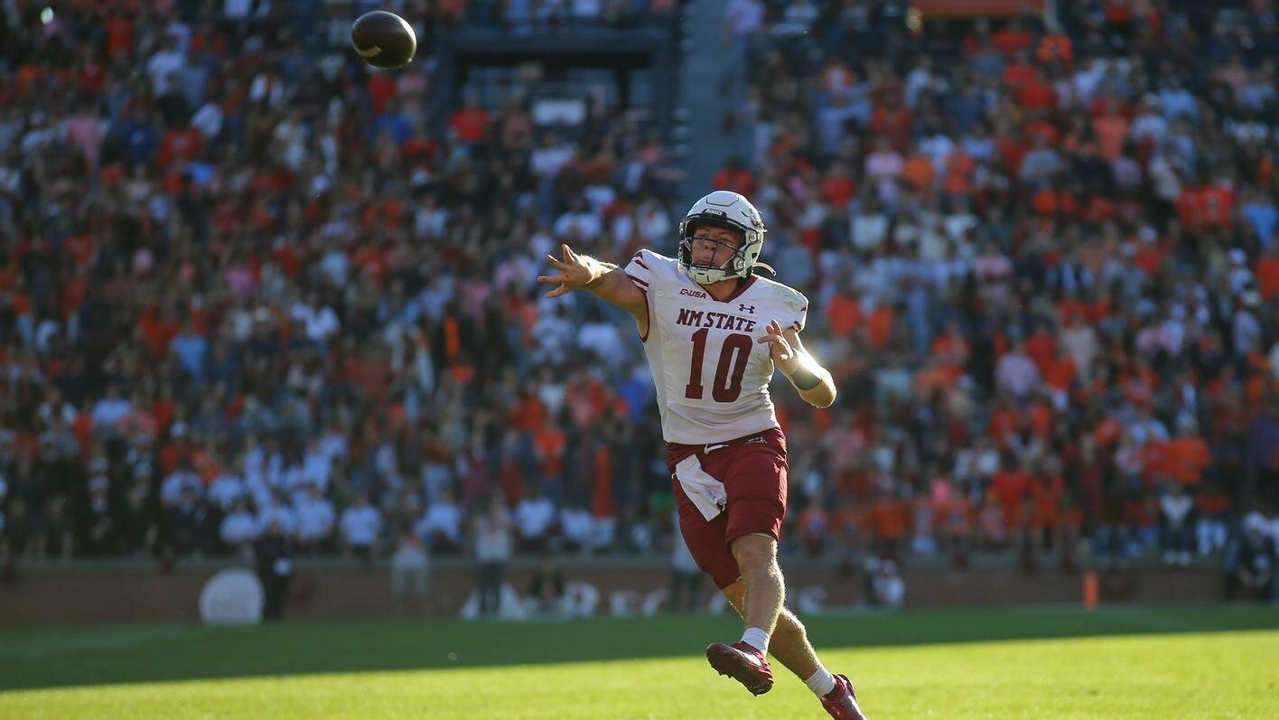 NM State Quarterback Diego Pavia, above, was named Conference USA Offensive Player of the Week and Gabe Peterson was named Defensive Player of the Week after the Aggies defeated over the Southeastern Conference’s Auburn.