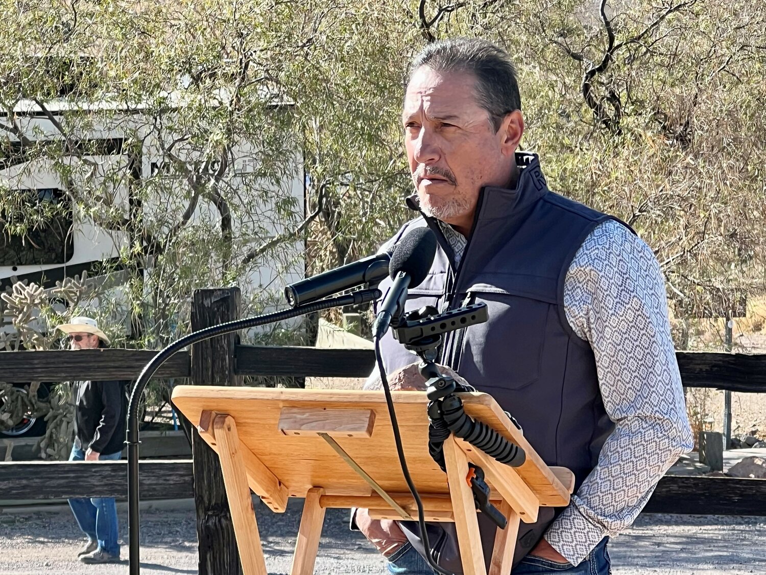 Luna County Commissioner Ray Trejo makes the case for a national monument at Rockhound State Park near Deming on Dec. 6.