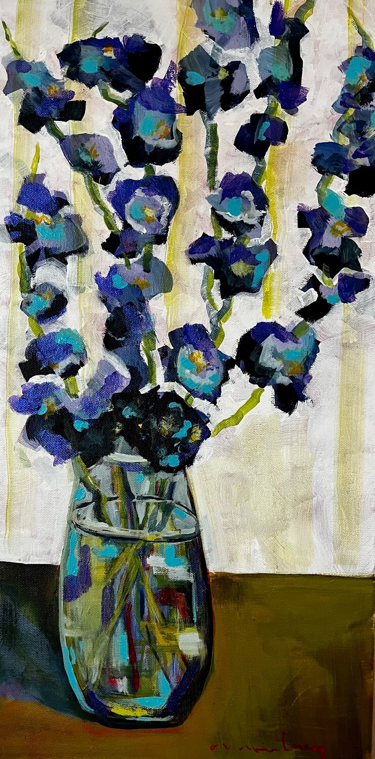 “Purple and Blue Flowers in a Vase” by Maria Lopez