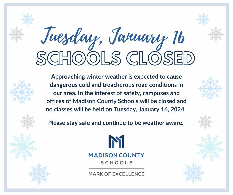 More Madison County schools to close Tuesday due to winter weather