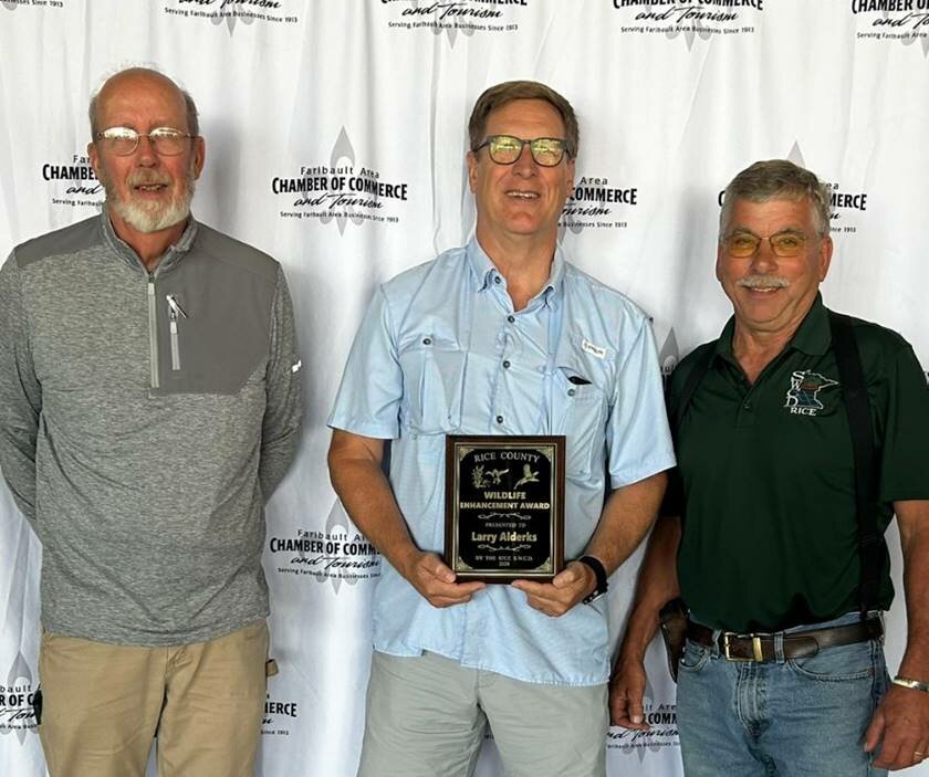 Larry Alderks received the Wildlife Enhancement Award at the Rice County Fair in July. From left to right: Rice SWCD Supervisor Richard Peterson, Larry Alderks, Rice SWCD Supervisor Tim Little.